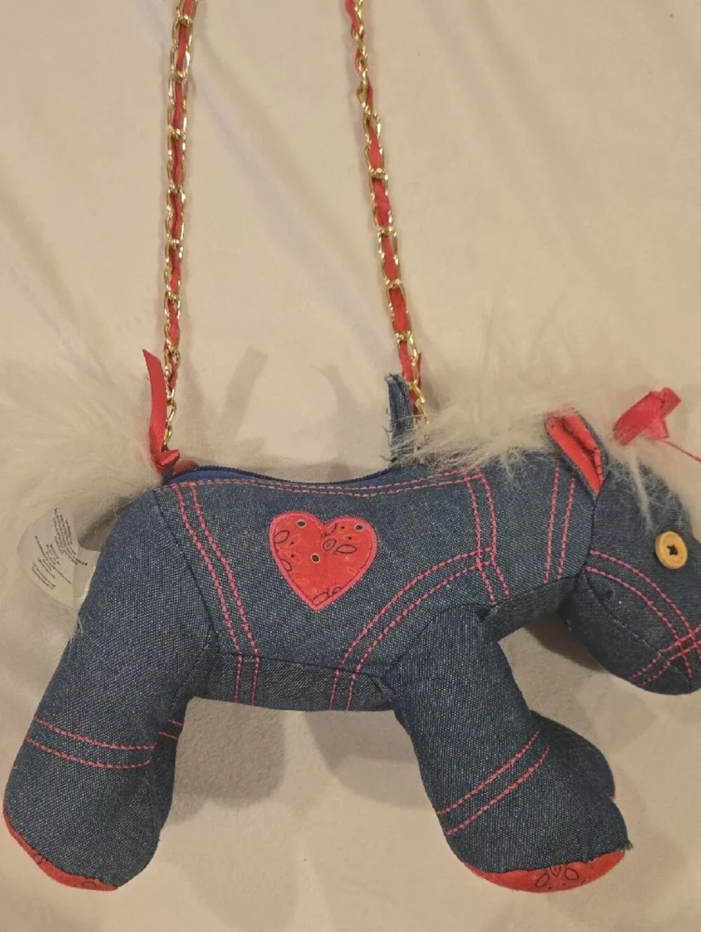 Denim Pony Shoulder Bag with Heart Patch